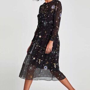 Zara Constalation zodiac galaxy astrology star print chiffon black midi dress